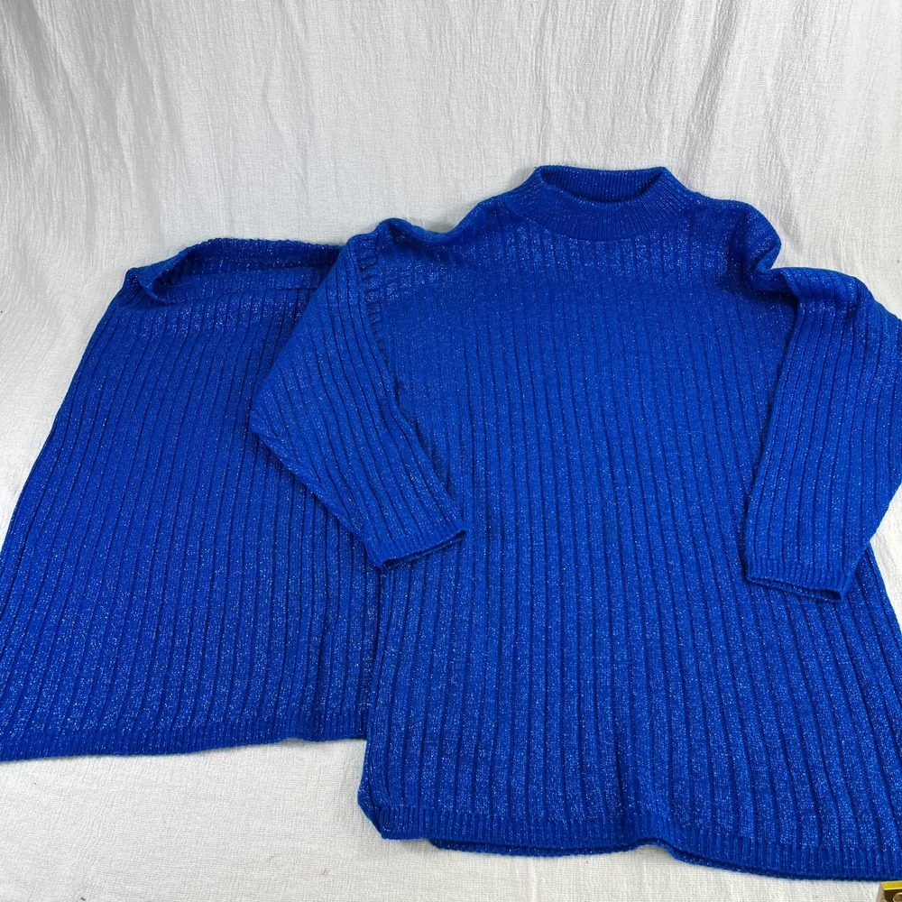 Mathias Y2K Sweater Skirt Set Womens Medium Blue Metallic Ribbed Mock Neck VTG